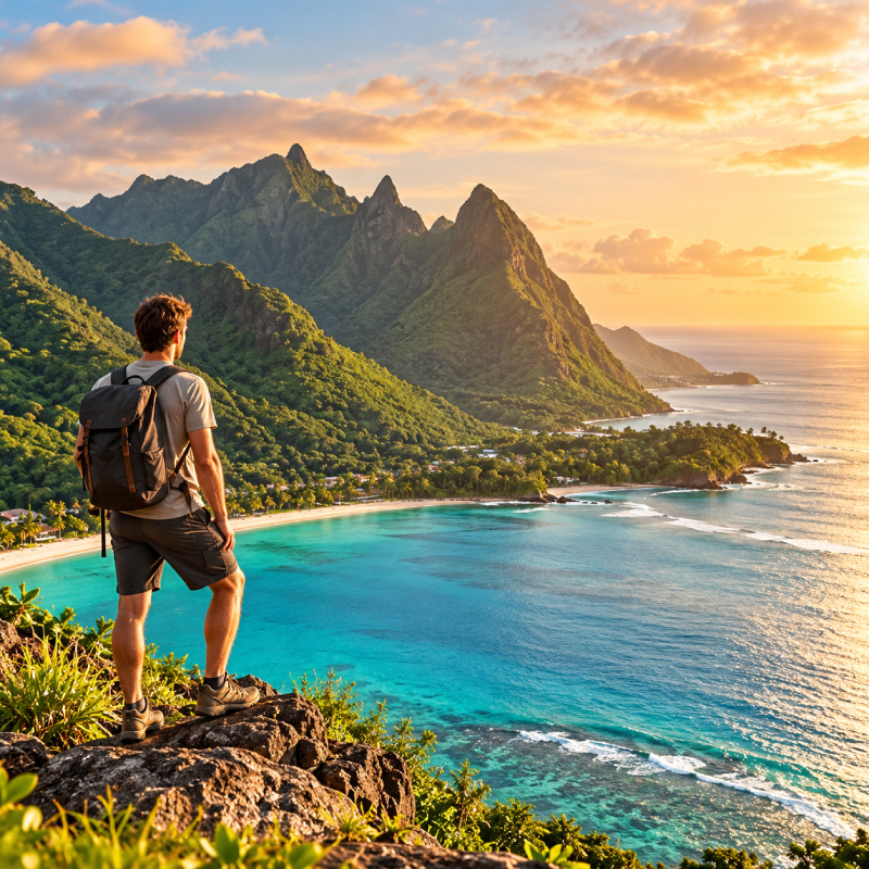 A traveller looking out over a green coastline at sunset